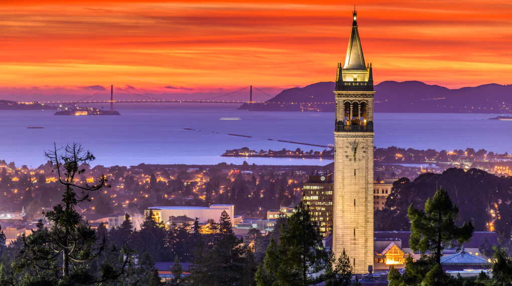 Sunset view of the Campanile and the San Francisco Bay